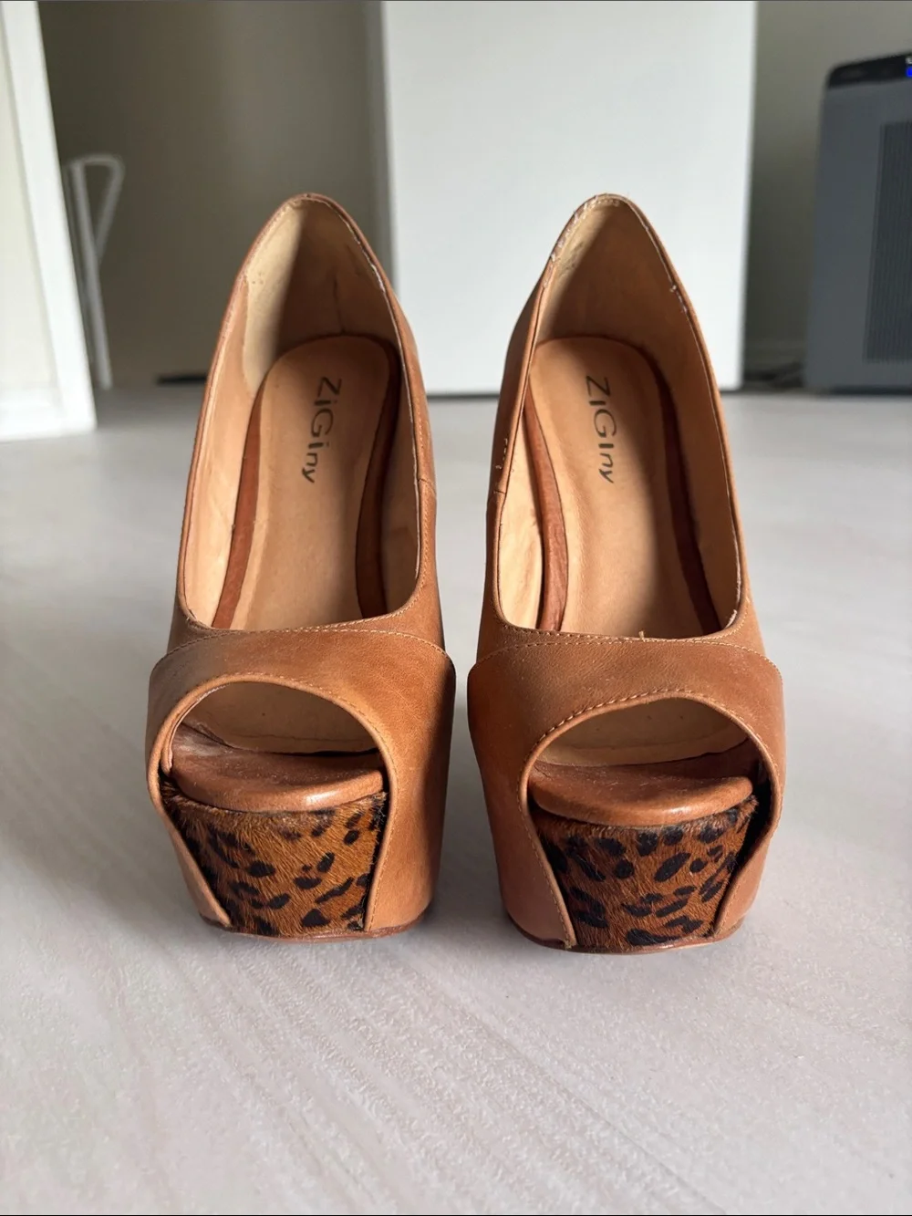 Tan Peep-Toe Platform Heels with Leopard Accent